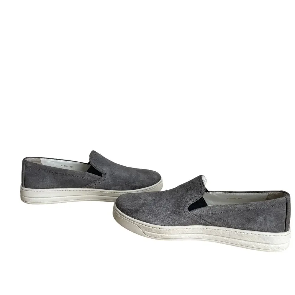 Prada Gray Suede Slip On Sneakers Womens 7 Leather Lined
